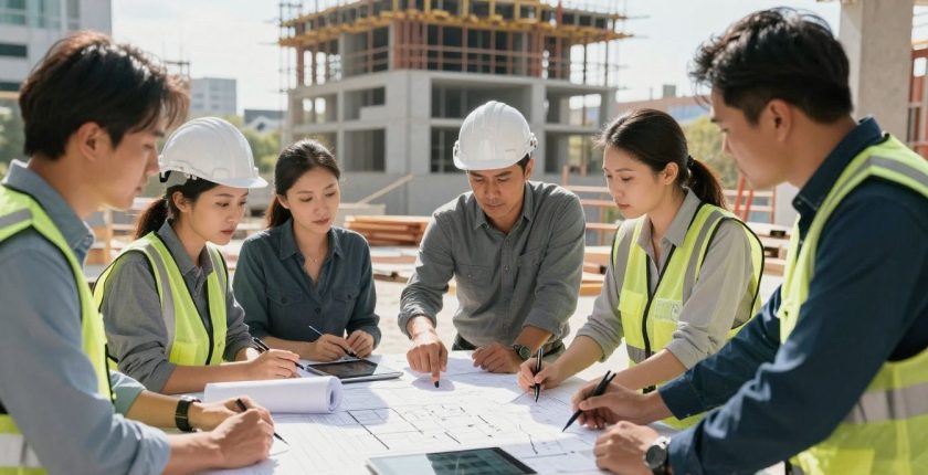 Quantity surveyors discussing blueprints and project costs on a construction site.